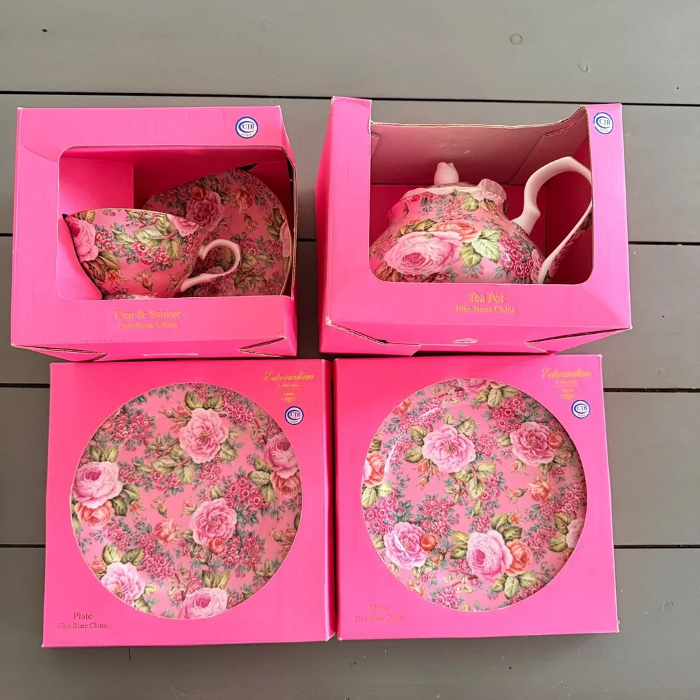 Edwardian Collection England Fine Bone China Pink Rose Tea Set Teapot Plates Cup